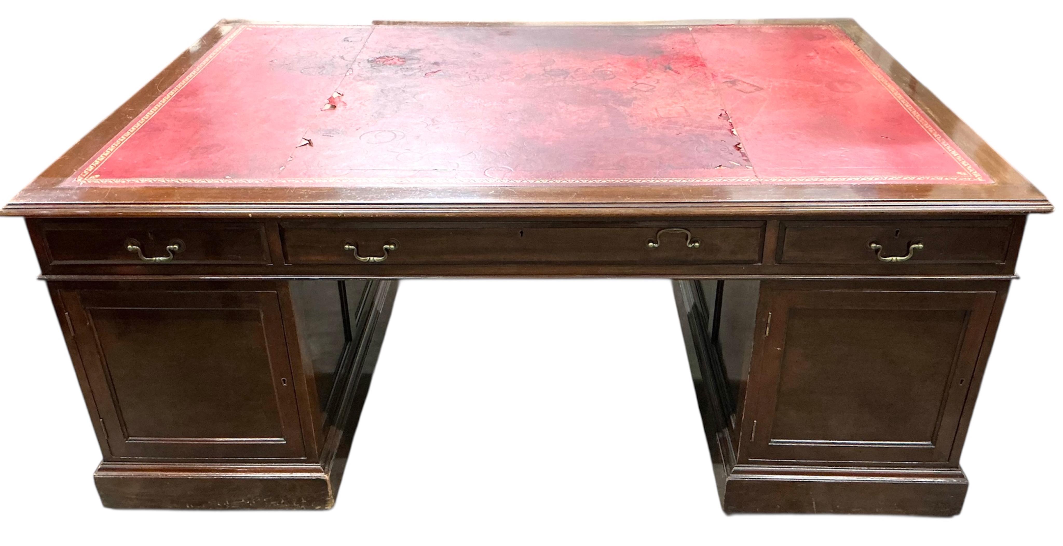 An early 20th century mahogany pedestal partner's desk, width 183cm, depth 122cm, height 74cm